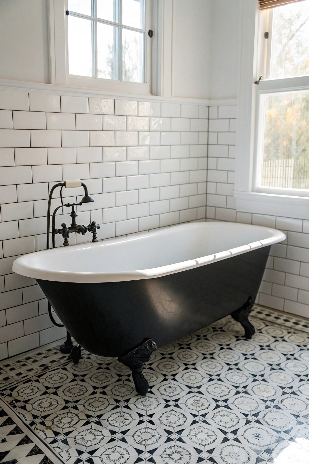 Timeless elegance: A black clawfoot tub makes a stunning statement in a black and white bathroom.
