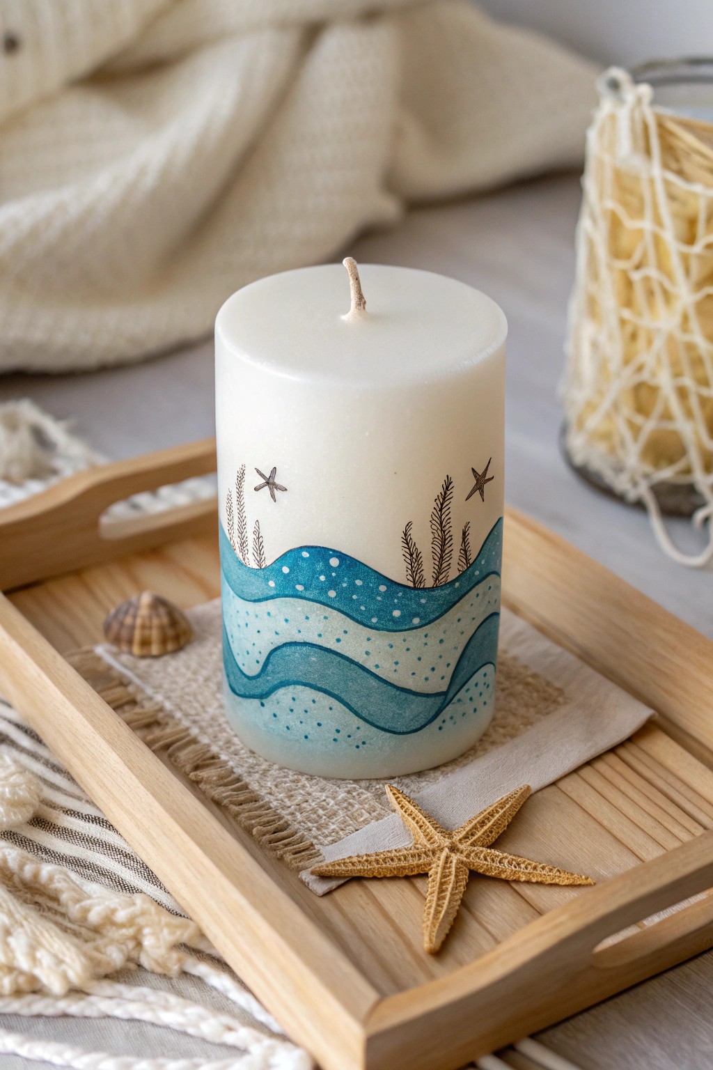 Bring coastal calm home: a handcrafted candle painted with ocean waves and seashells in breezy blues and sandy tones.