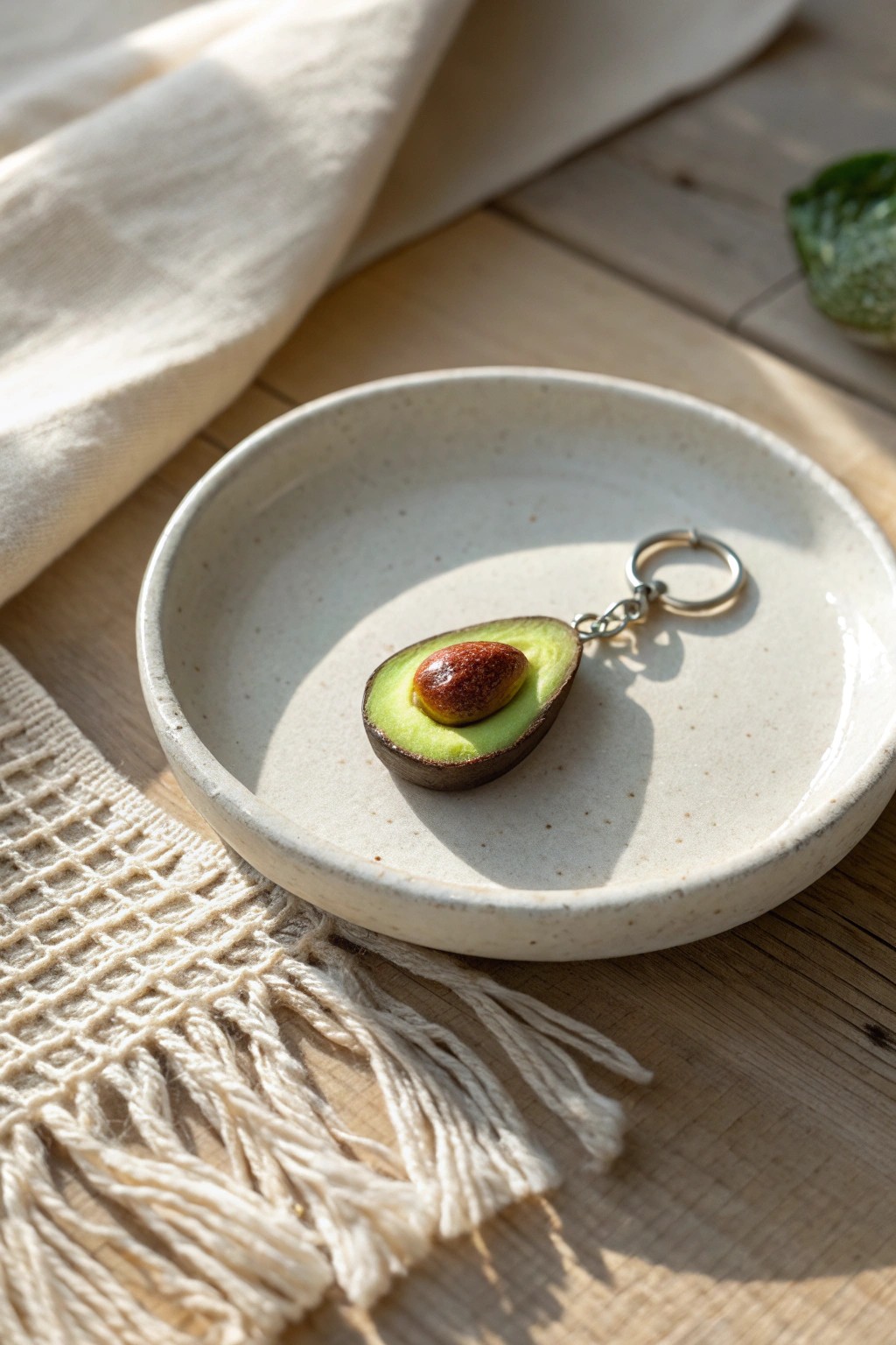 Tiny avocado clay charm—minimalist, bold, and irresistibly cute.