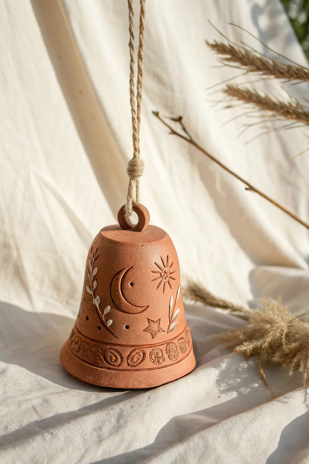 Handcrafted clay bell with moon motif—minimalist beauty meets boho charm.