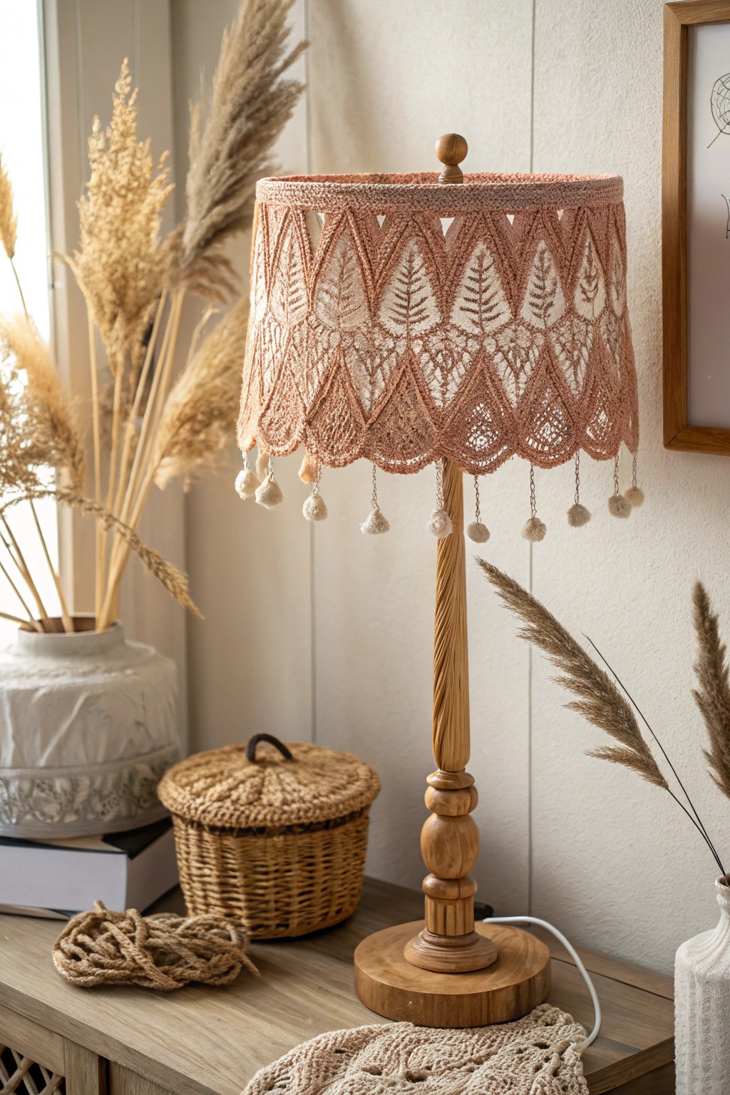 A bold, handmade crocheted lampshade brings playful elegance and Scandinavian charm to any space.