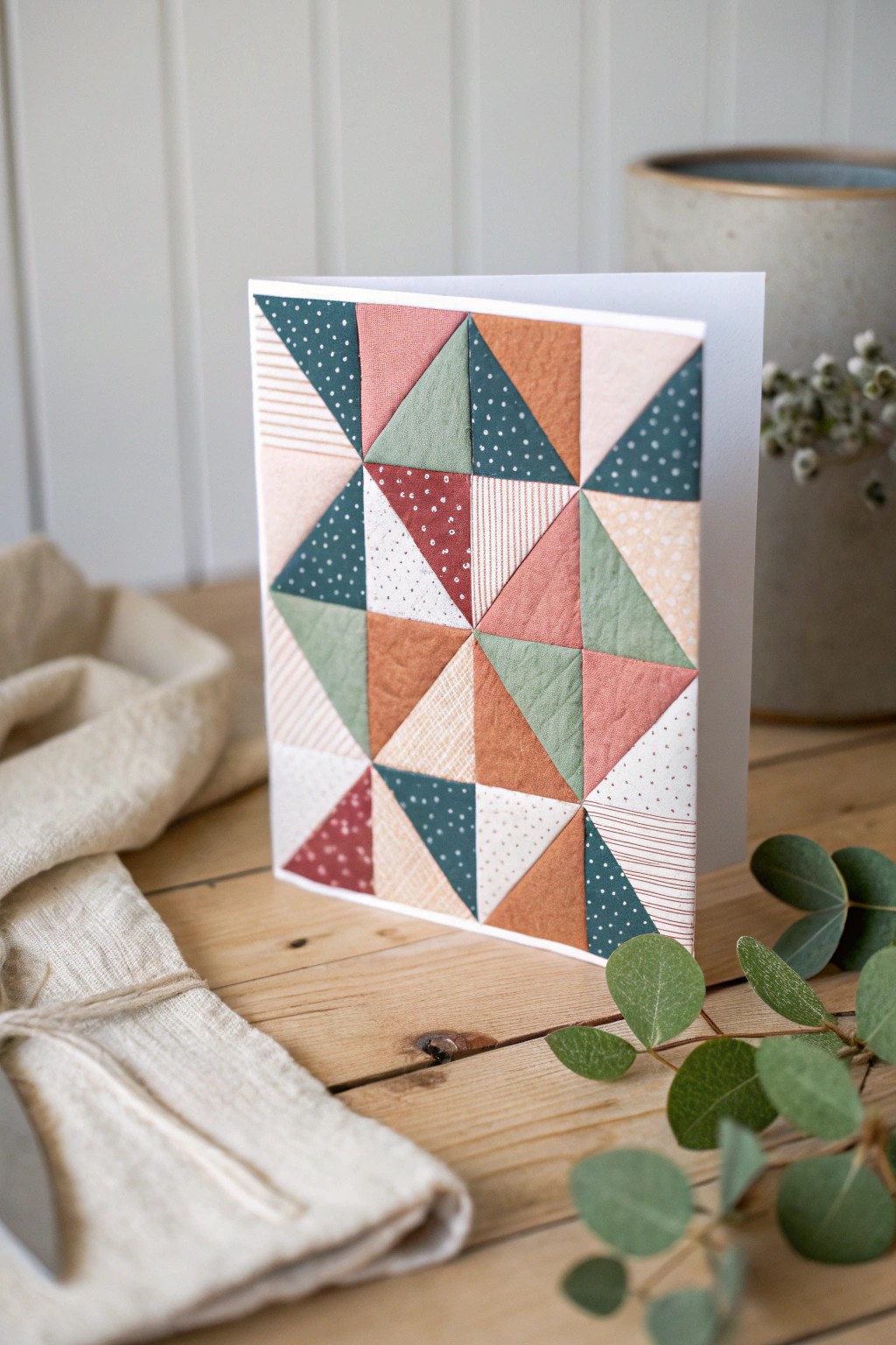 A one-of-a-kind patchwork paper quilt card—crafted with love, color, and a touch of Scandi-Boho charm.