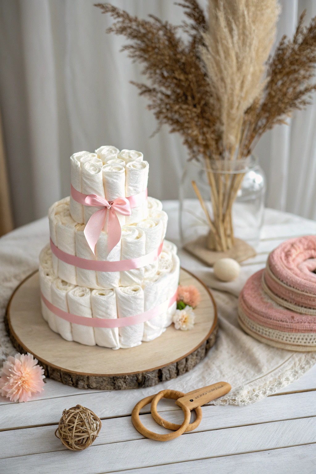 A no-rubber-band diaper cake: minimalist, beautiful, and gentle on every detail.