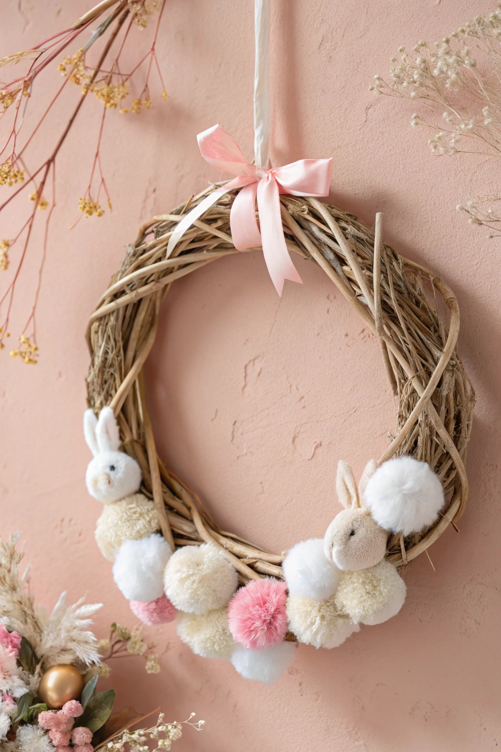 Whimsical Bunny Pom Pom Wreath—Scandinavian charm meets playful Boho detail.