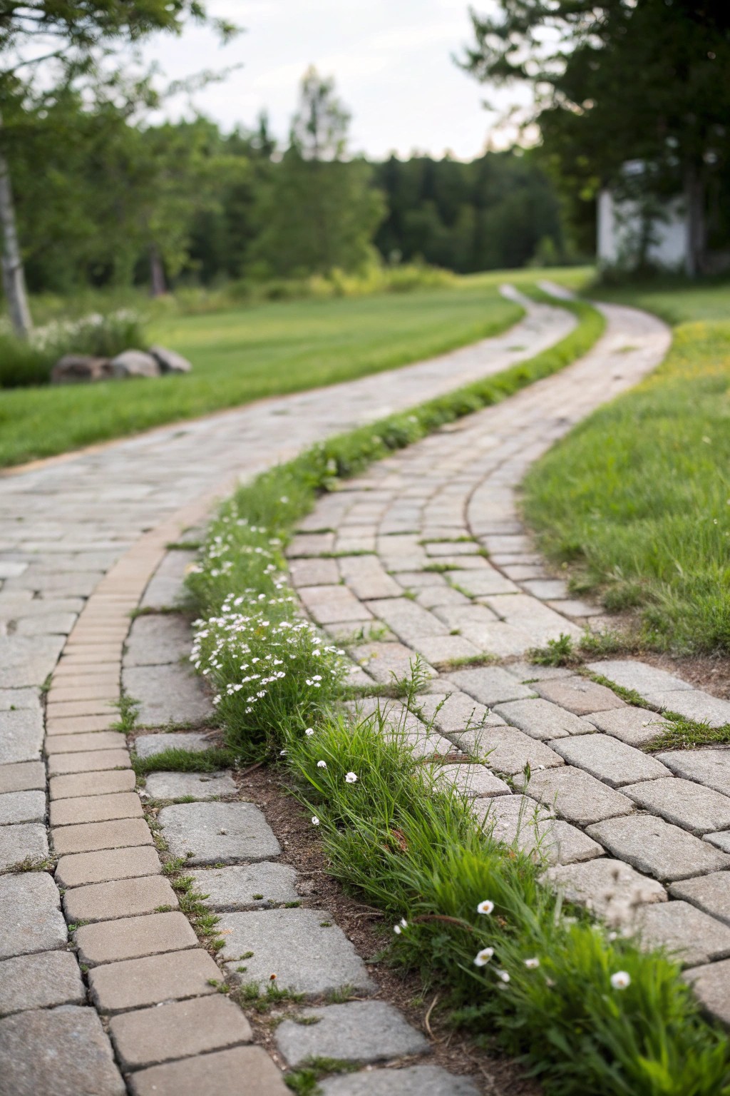 Retro-inspired ribbon driveway: stone, grass, and wildflower charm.