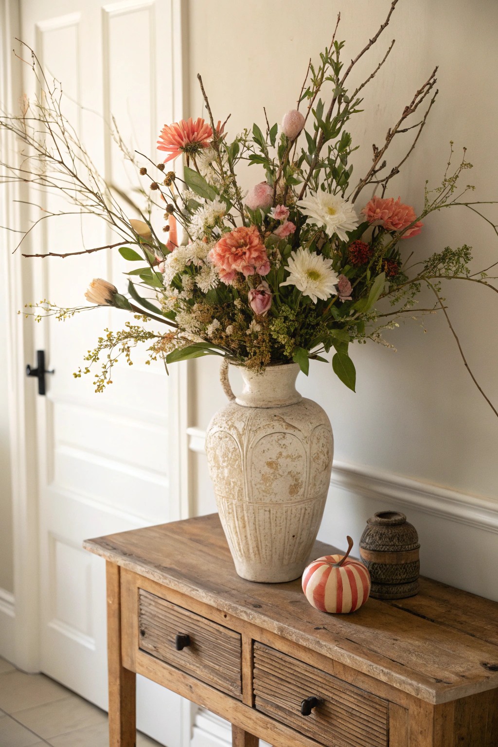 Elevate your entryway with a seasonal floral statement in a handcrafted vase.