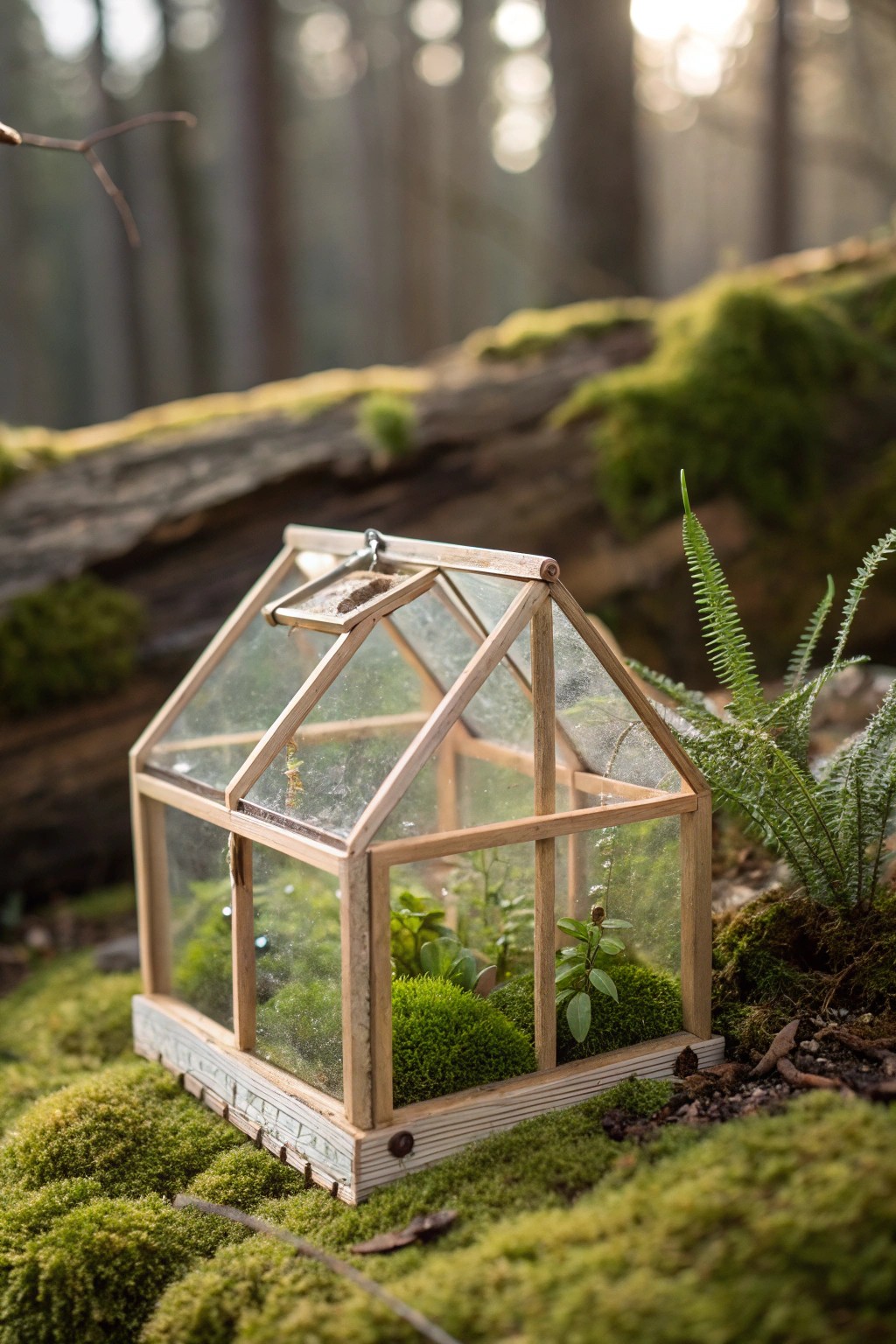 A dreamy miniature greenhouse fairy house—where nature and magic meet in handcrafted beauty.