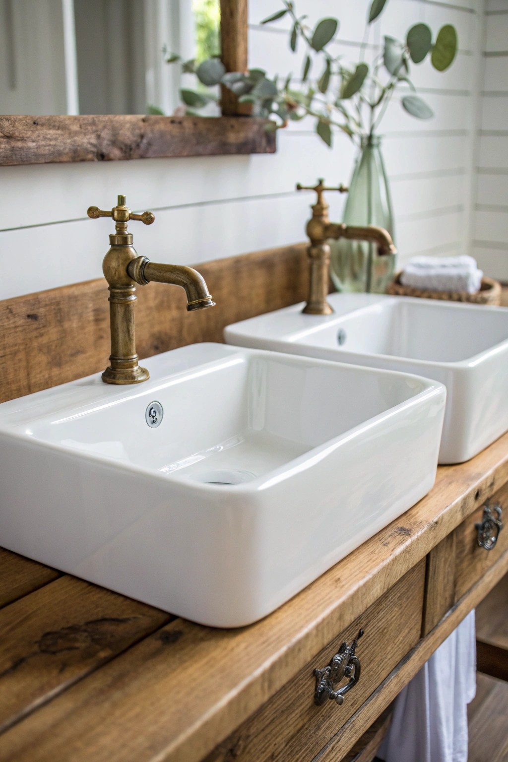 Chic simplicity: Double farmhouse sinks on a reclaimed wood counter.