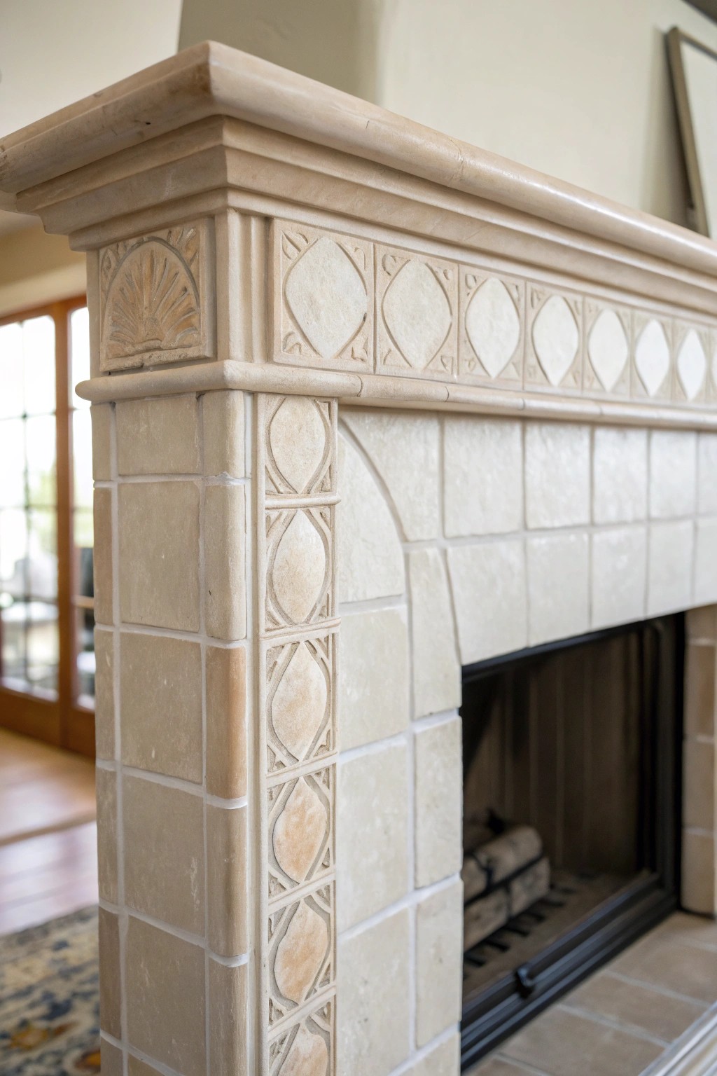 Elevate your fireplace with handcrafted tile accents for a seamless, artisanal touch.