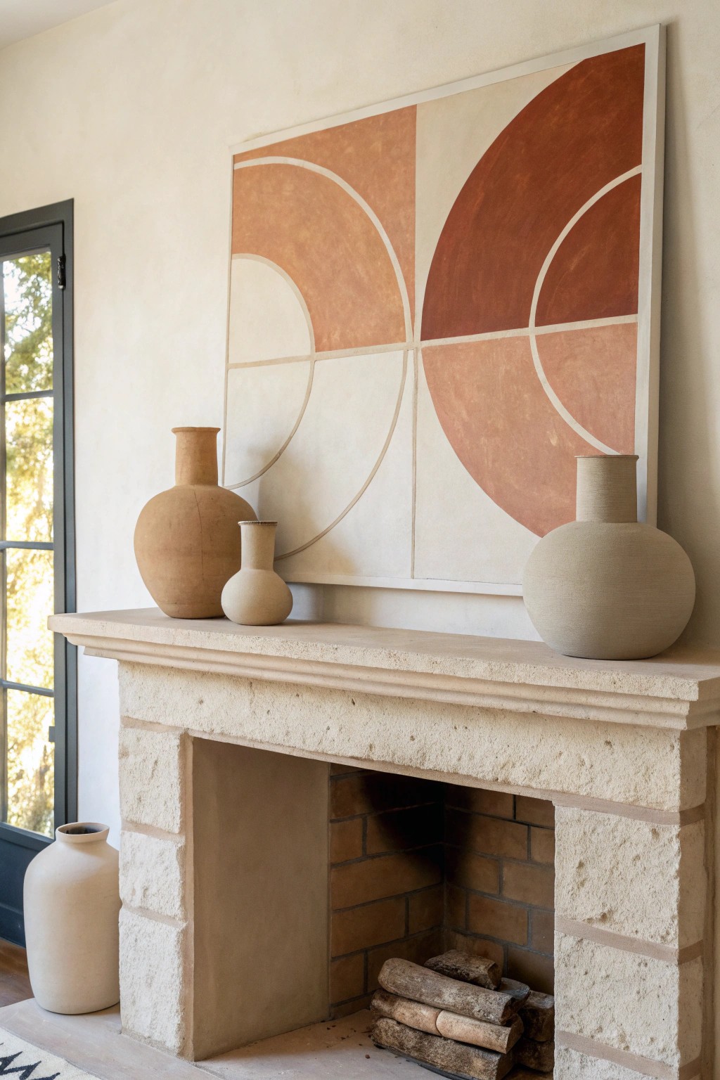 A bold geometric pattern transforms a minimalist fireplace wall into a modern masterpiece.