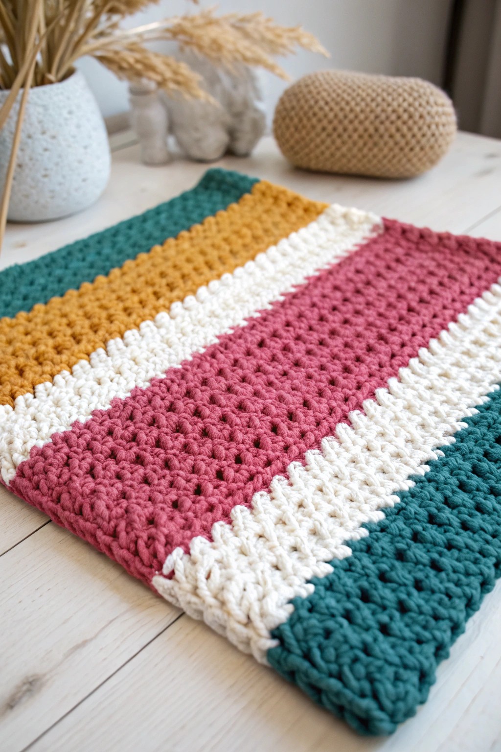 Bold color blocks and cozy texture—Scandi minimalism meets playful modern style in this handcrafted crochet baby blanket.