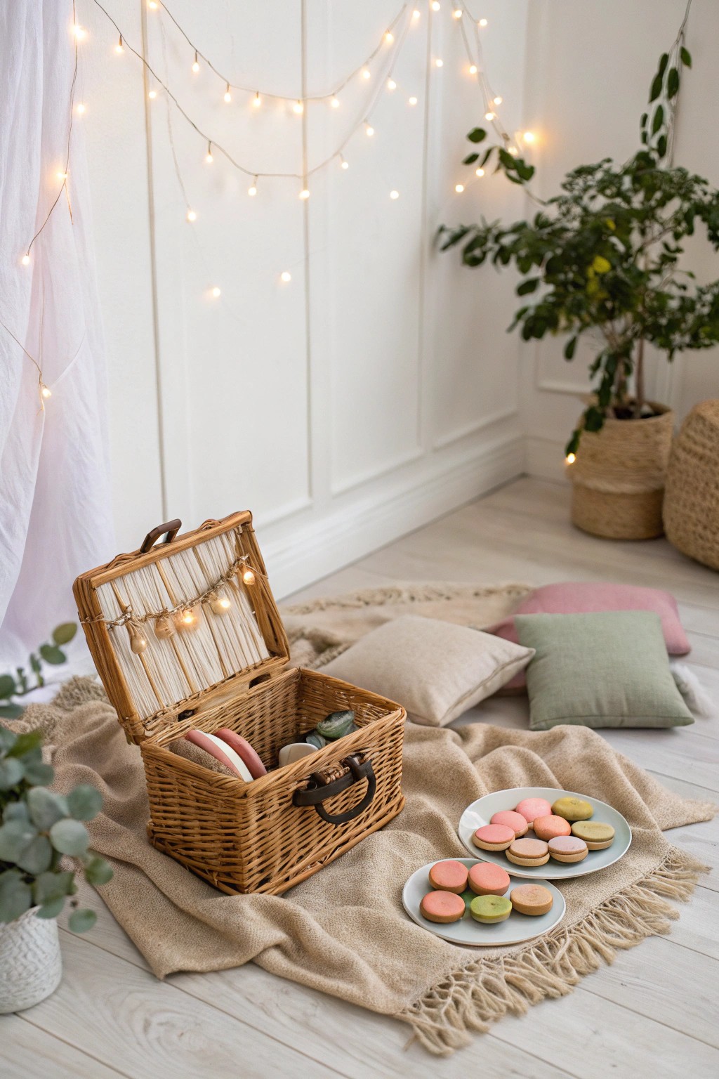 A cozy indoor picnic under twinkling fairy lights—celebrate Galentine’s Day in style and comfort!
