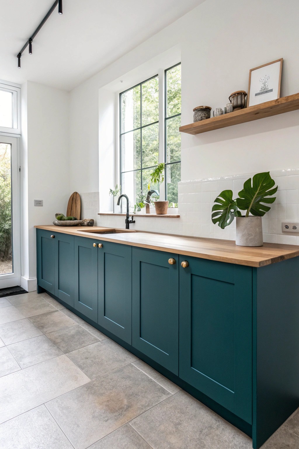Elevate your galley kitchen with a handcrafted pop of deep teal—simple, bold, and full of character.