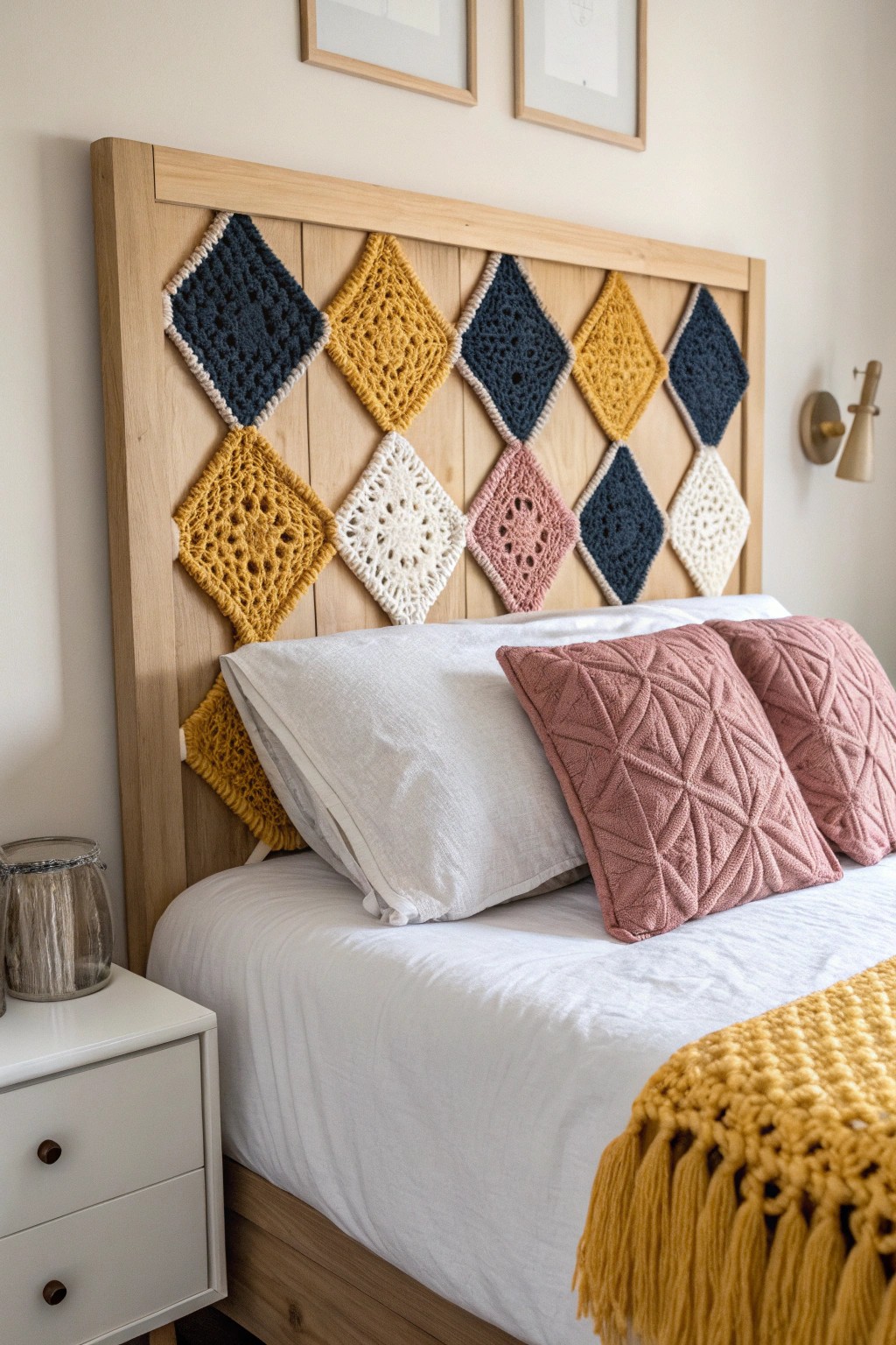 A modern headboard made from bold, handcrafted granny squares—Scandi simplicity meets cozy Boho flair.