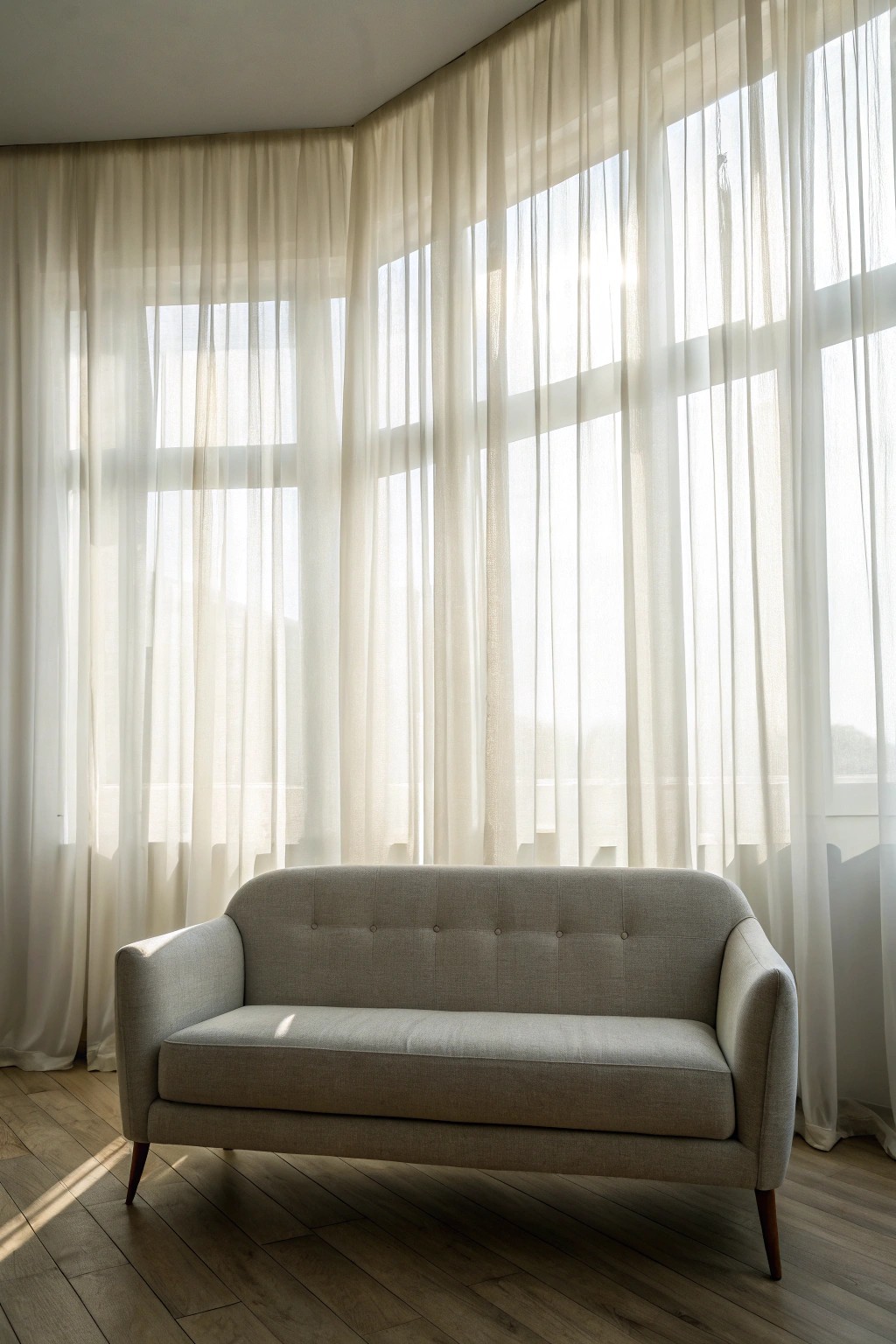 Elevate your living room with a grey couch framed by dreamy sheer curtains.