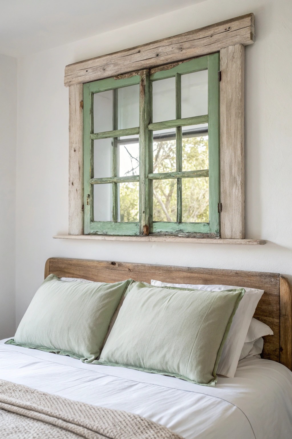 Vintage window frame headboard: a touch of history and charm for your bedroom.
