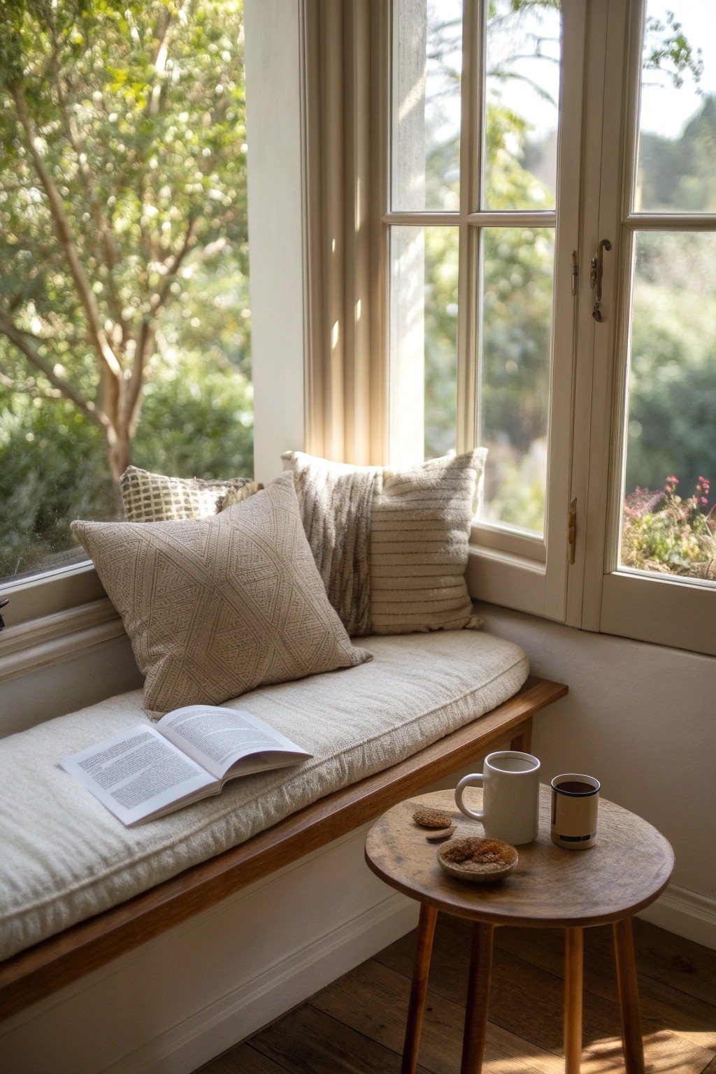 Cozy reading nook: natural light, handmade bench, pure relaxation.