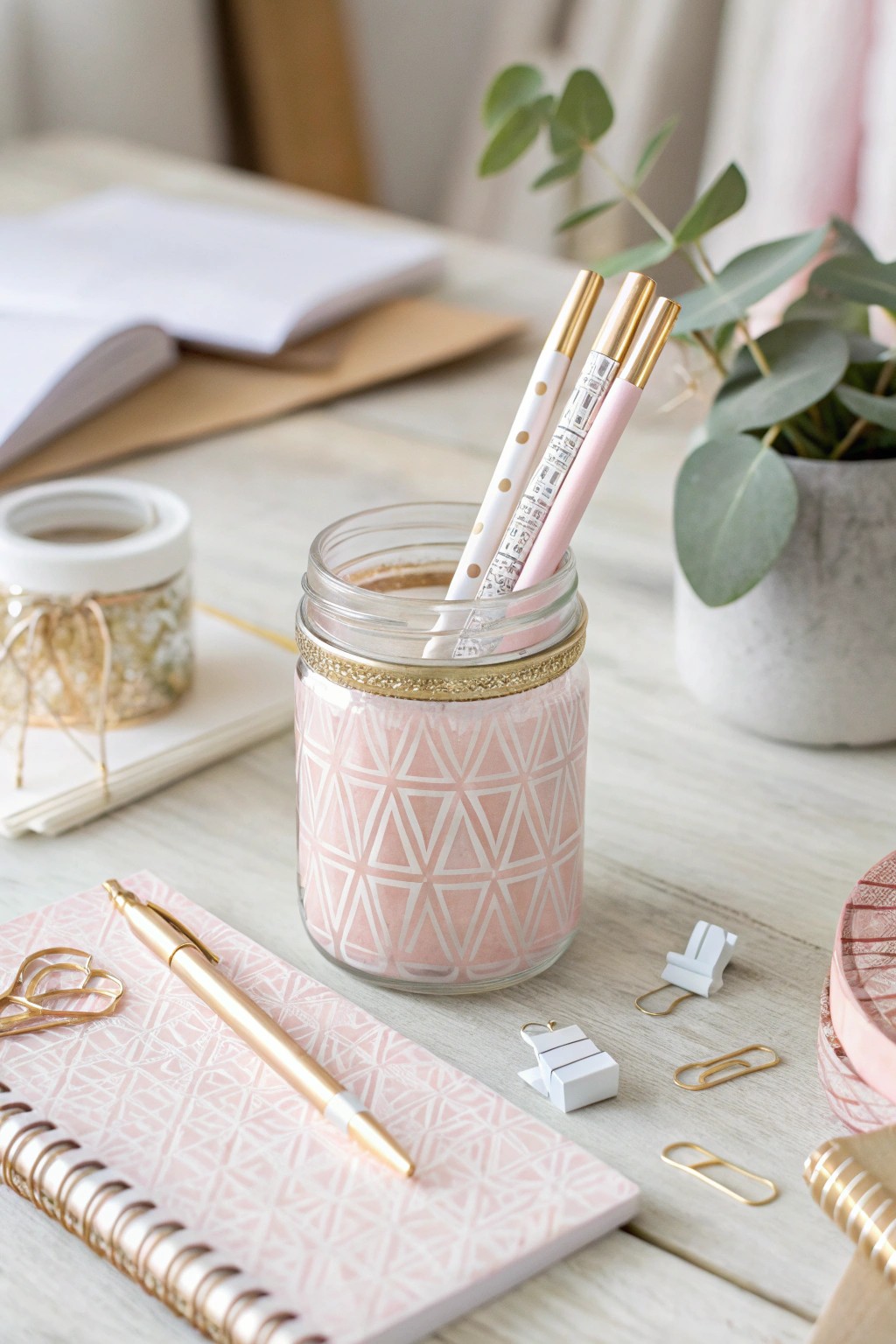 A handcrafted mason jar desk organizer: where simplicity meets Scandinavian chic.