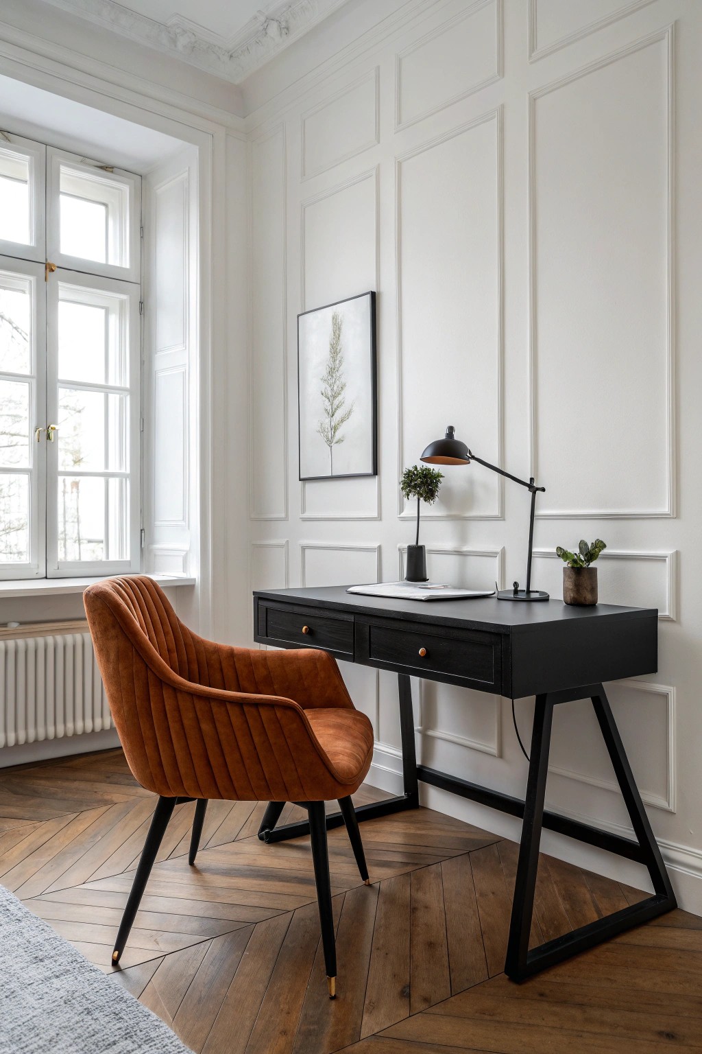 A bold burnt orange chair brings unexpected energy to a minimalist office.