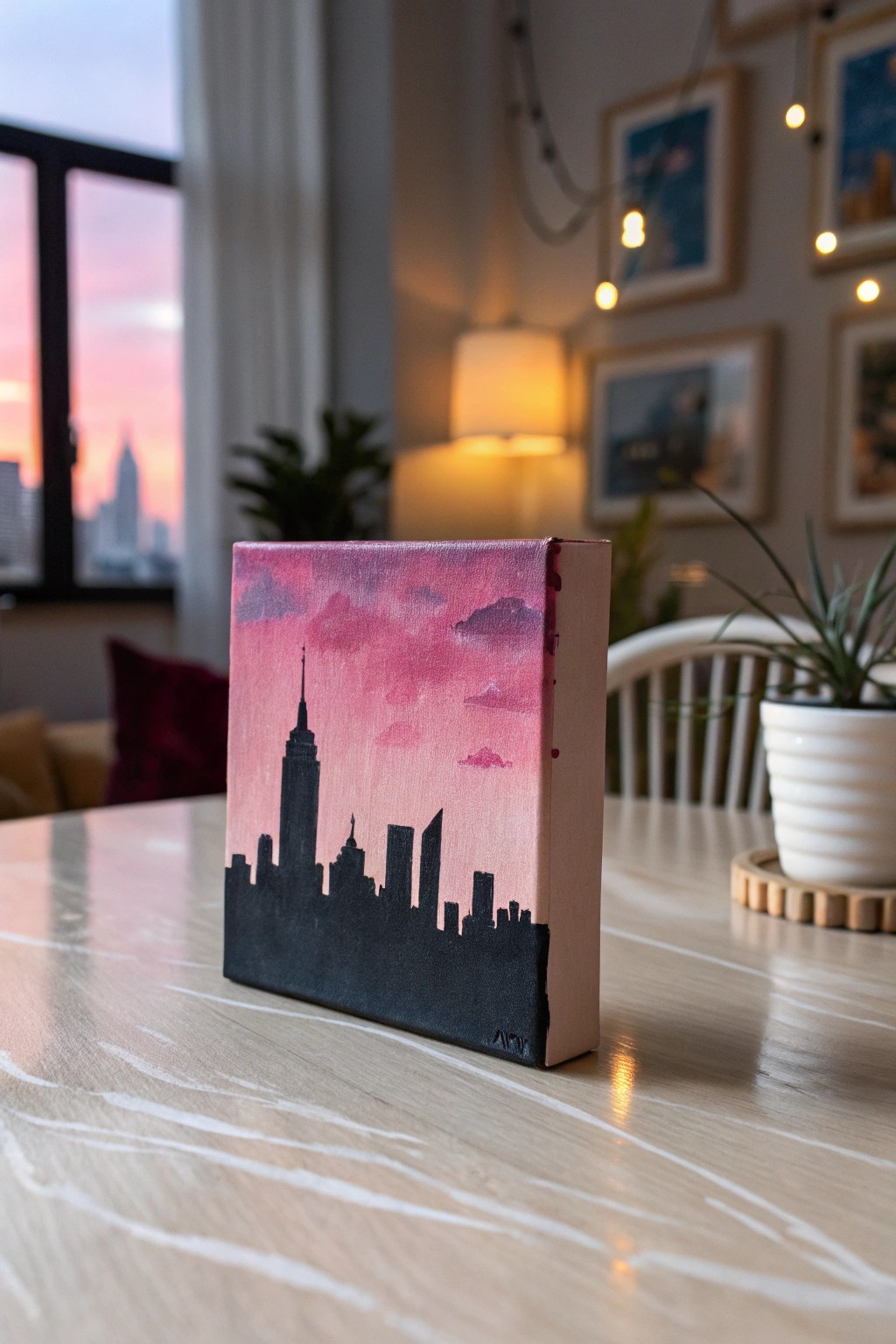 Tiny canvas, big city dreams—minimalist city silhouette art for your next creative escape.
