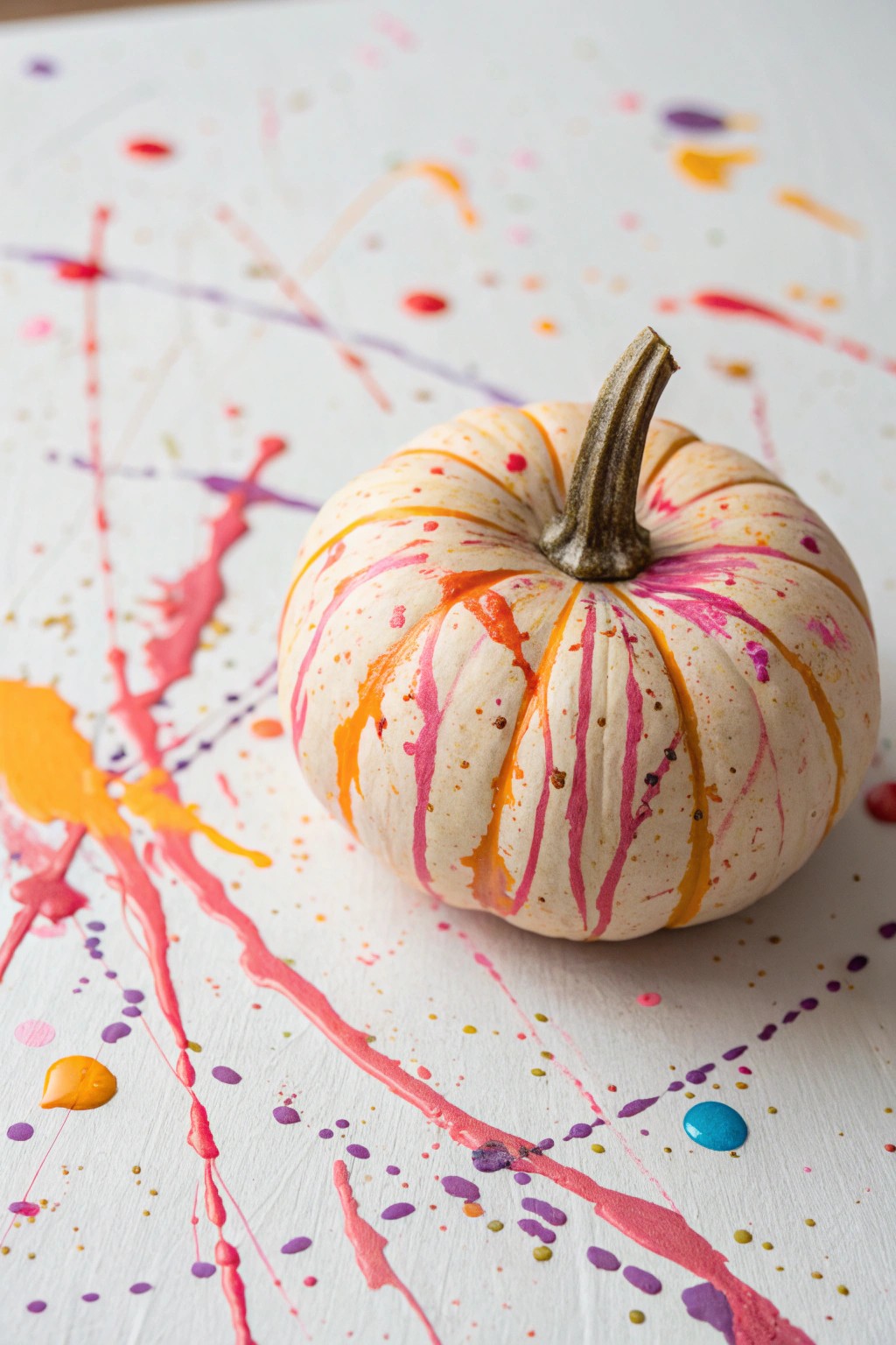 A mini pumpkin bursts with color in this playful splatter-paint masterpiece.