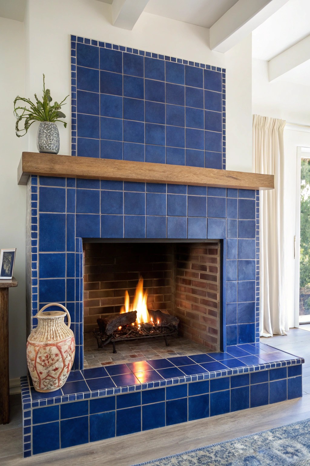 Bold blue fireplace surround: a modern statement in serene simplicity.