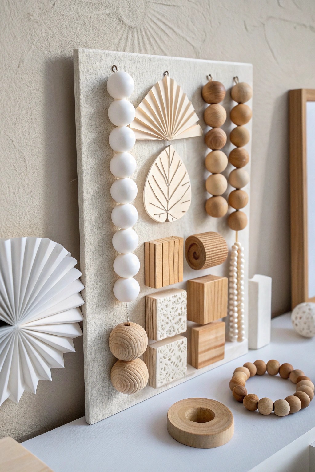 Elevate your inspiration wall with a 3D mood board—where crafted wood, beads, and paper meet minimalist beauty.