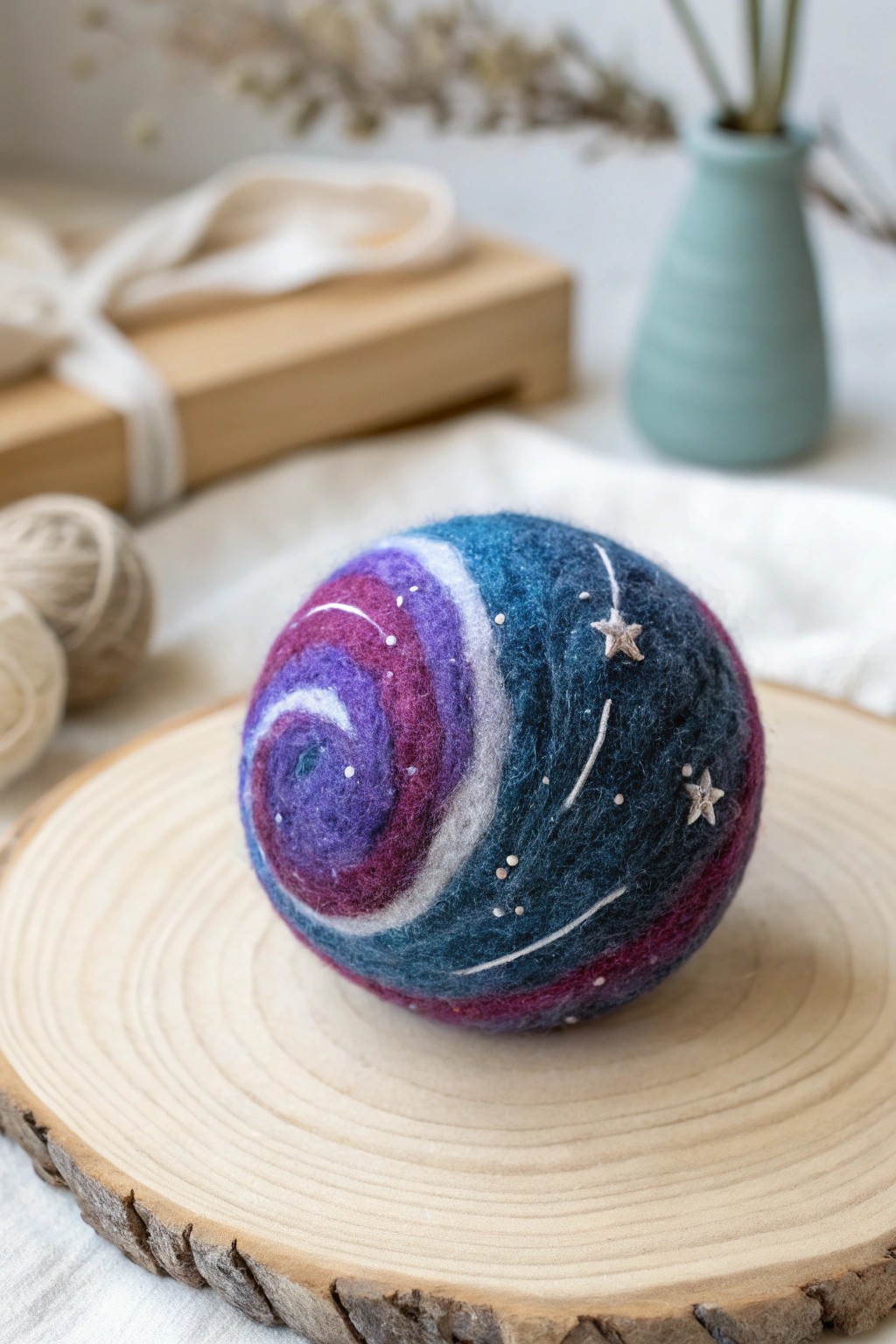 A galaxy-inspired felted ball—where cosmic color meets Scandinavian simplicity.