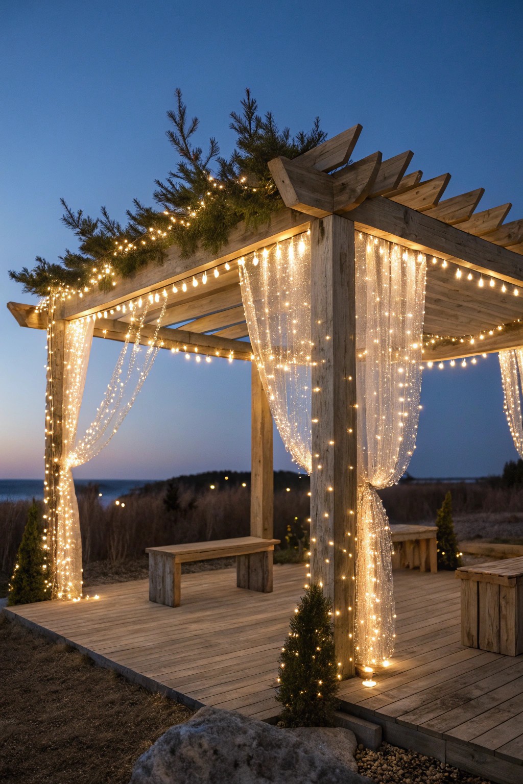 Transform your patio with a canopy of twinkling fairy lights for magical winter evenings.