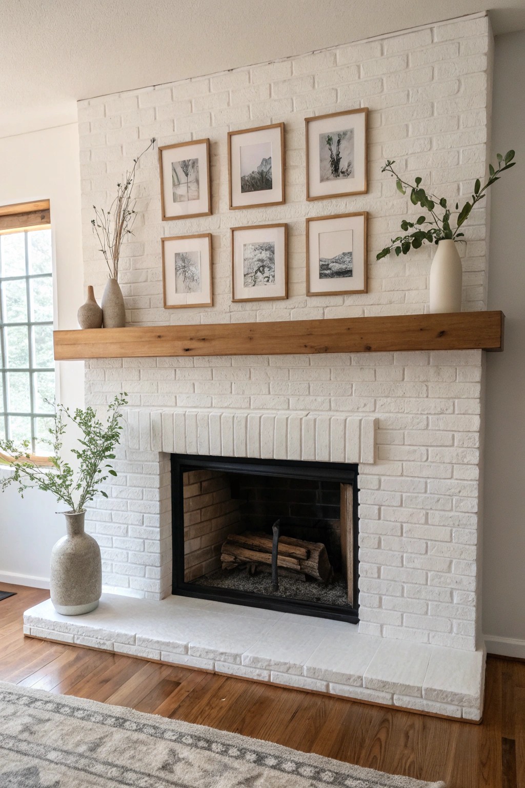 Elevate your space: a painted brick fireplace with a curated gallery wall for timeless charm.