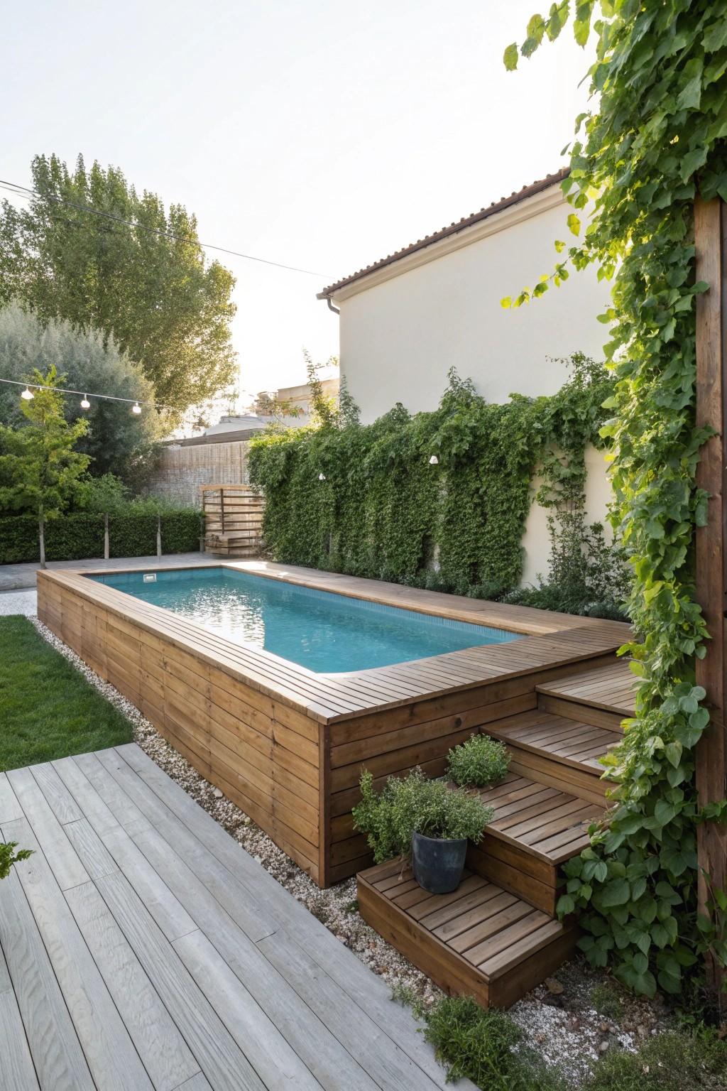 Above-ground elegance: natural wood and climbing vines turn the pool into a garden centerpiece.