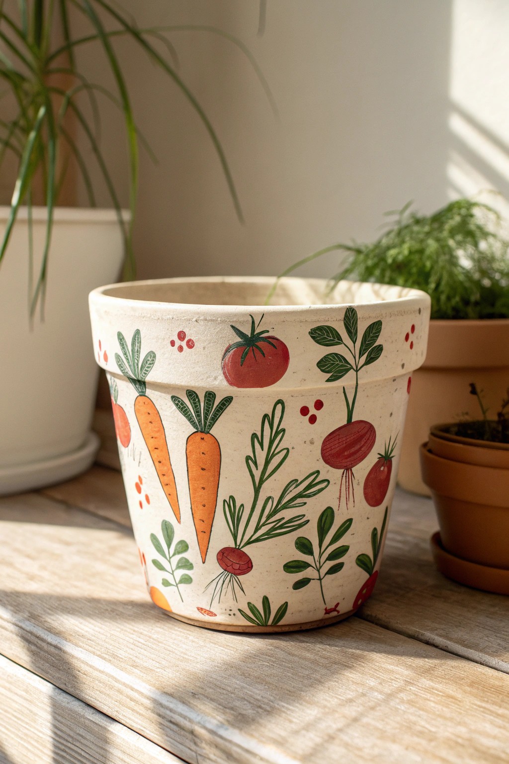 Bring farmers’ market charm to your windowsill with hand-painted veggie pots.