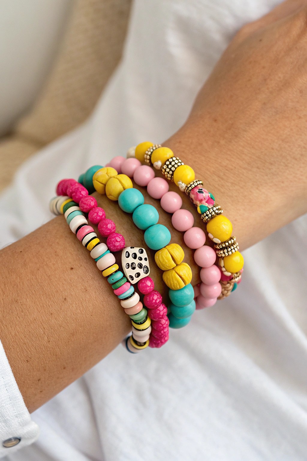 Mismatched clay bead stacks: playful, bold, and uniquely you.
