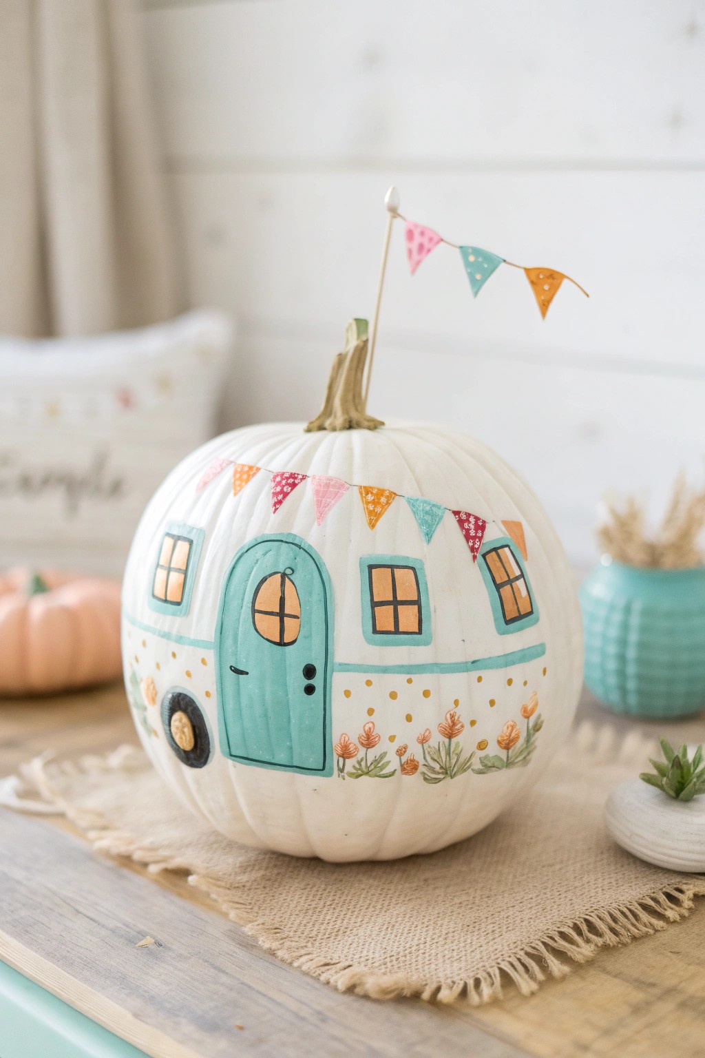 Whimsical vintage trailer pumpkin for a touch of retro-chic autumn charm.