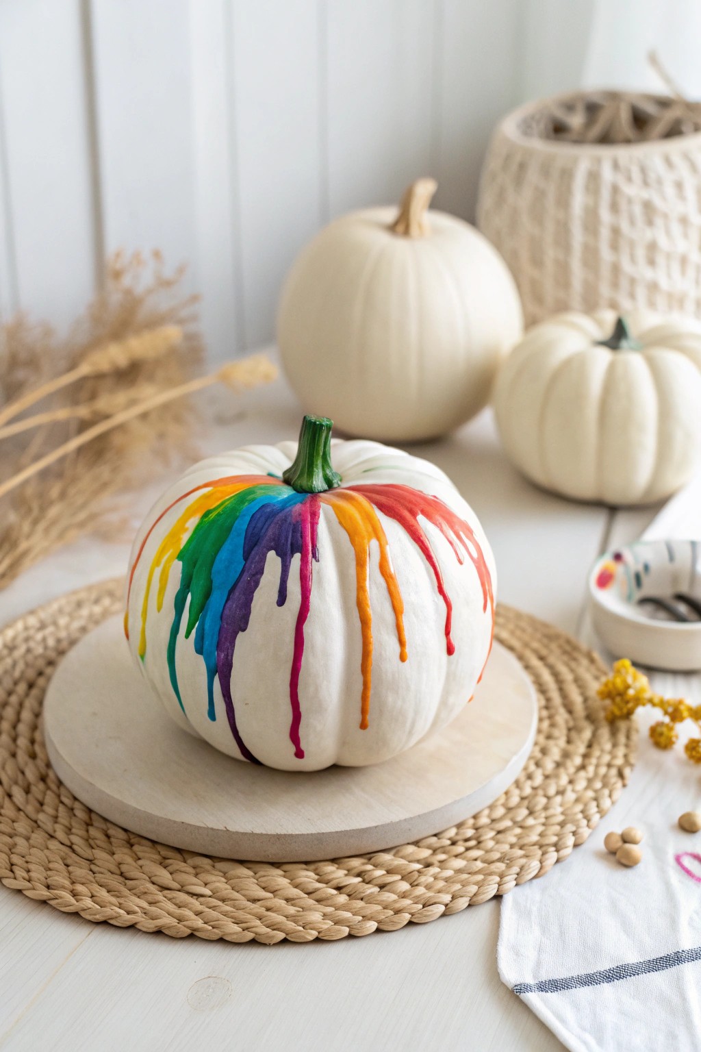 Rainbow Crayon Drip Pumpkin: Minimalist style meets bold, creative color.