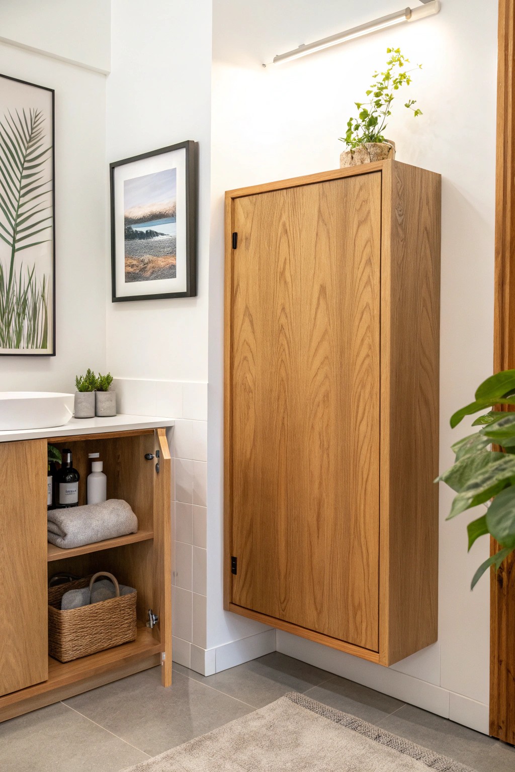 Hidden storage cabinet behind art—where style meets smart space-saving.