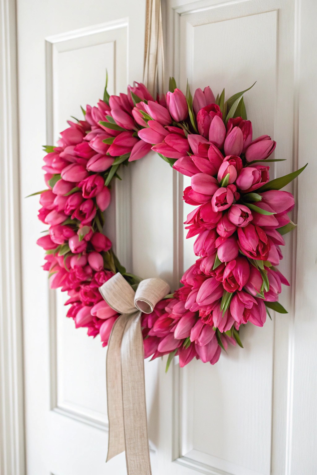 Bold pink tulips meet minimalist elegance—this handcrafted wreath is spring in a single color.