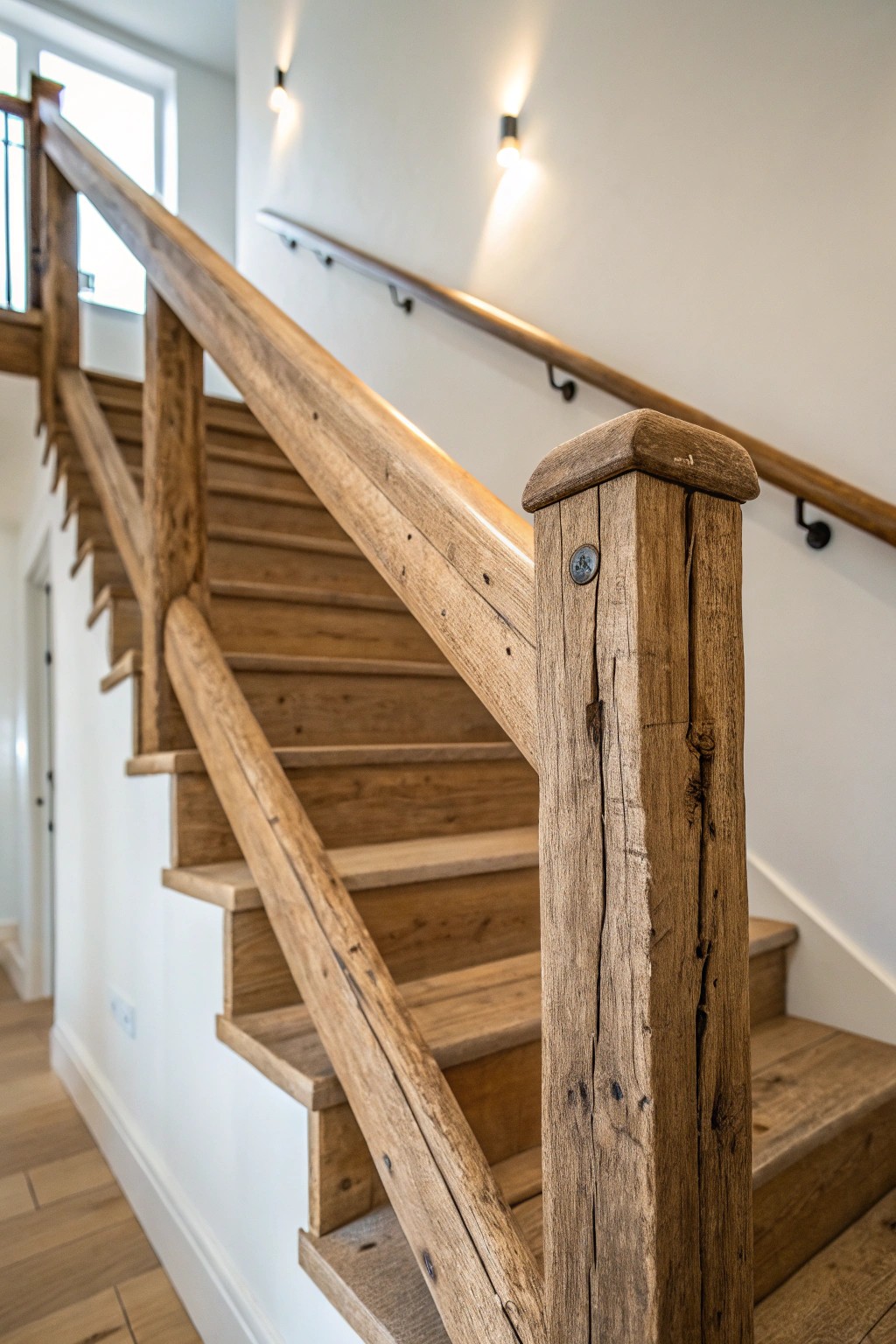 Elevate your space with the timeless texture of reclaimed wood stair railings.