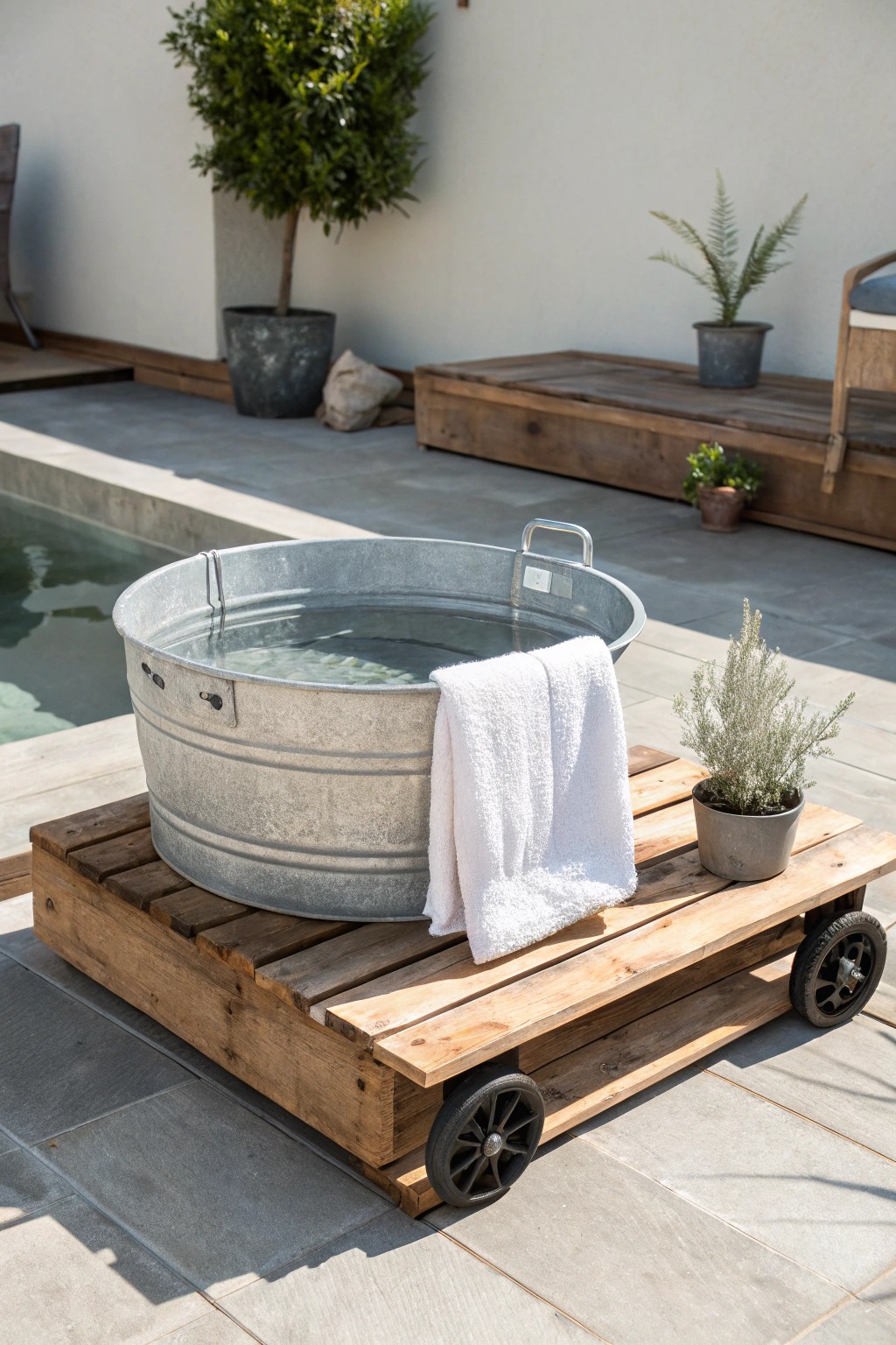 Easy elegance: A stock tank pool on wheels brings style and flexibility to your outdoor space.