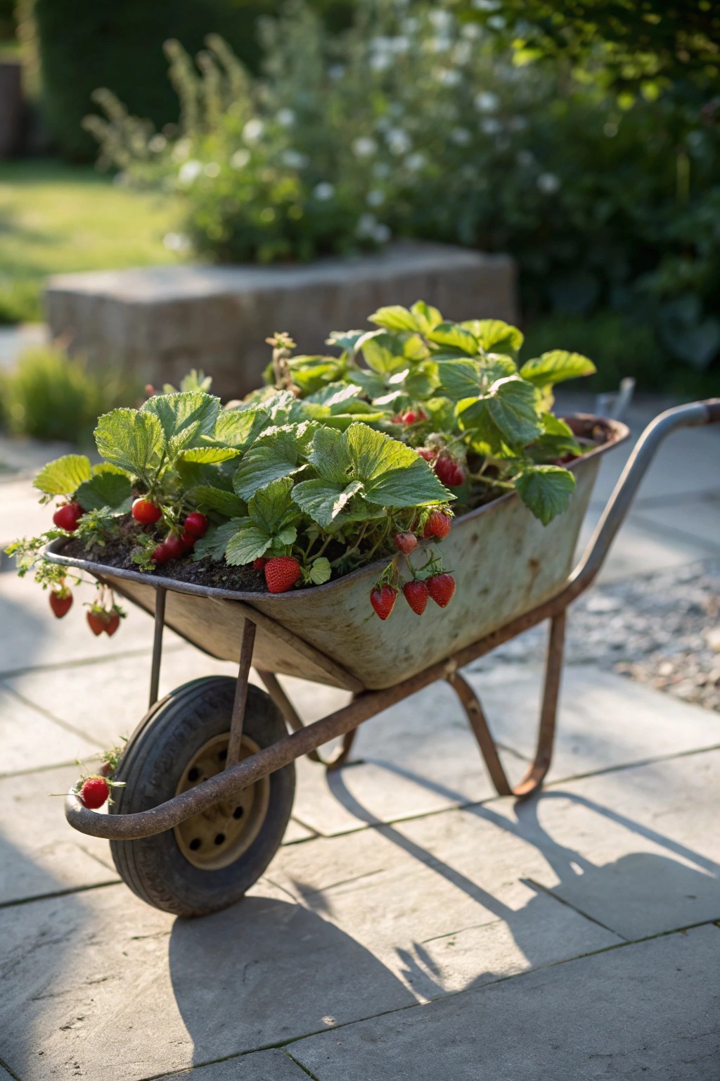 Chase the sun with a charming wheelbarrow strawberry planter.