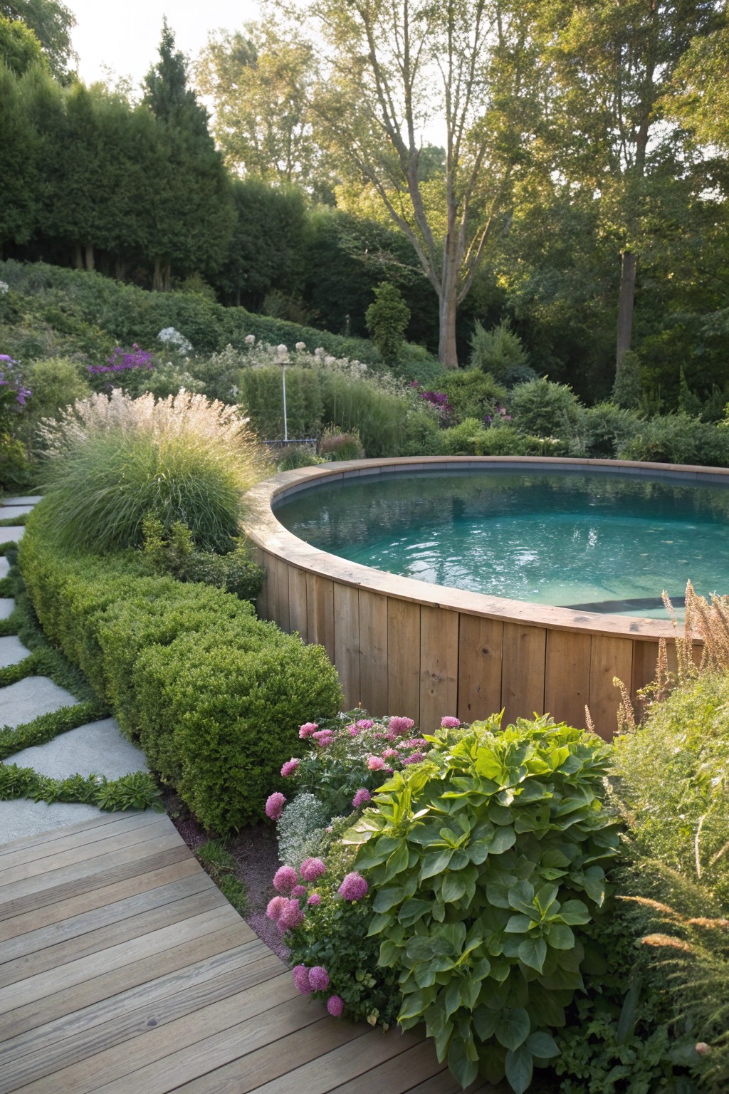 Transform your pool into a secret garden retreat with natural wood and lush greenery.