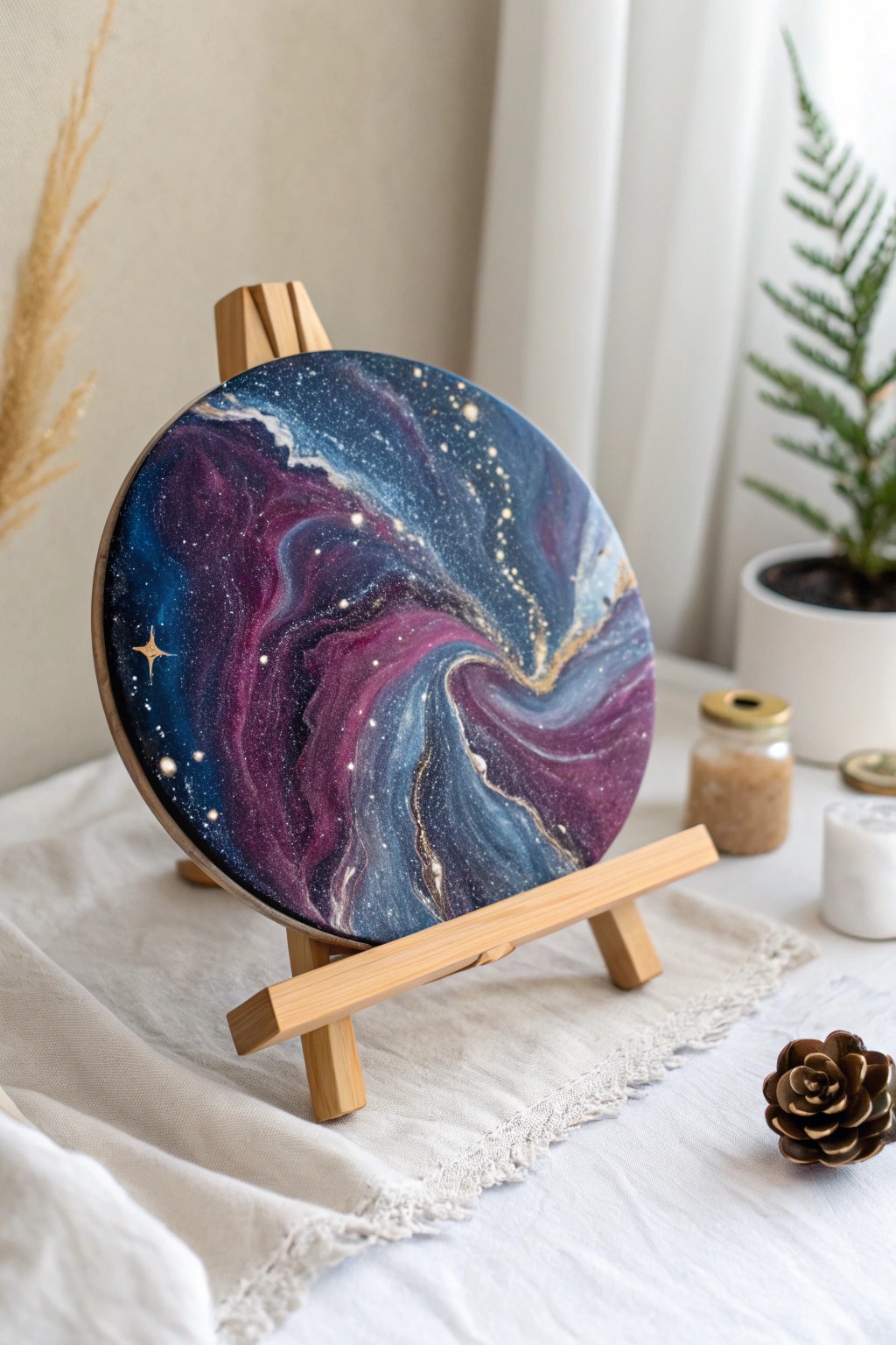 A dreamy galaxy swirl: cosmic colors meet minimalist Scandinavian style.