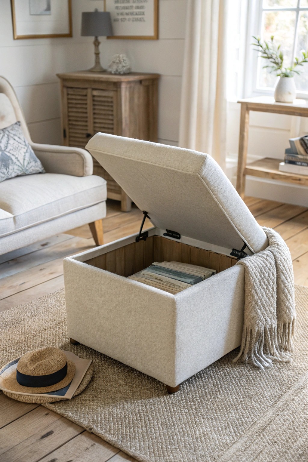 Elevate your small space with a chic ottoman that hides extra storage—beauty meets function.