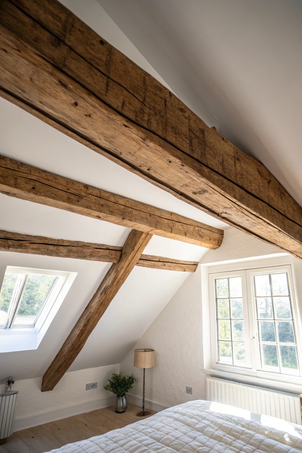 Elevate your attic retreat with the timeless charm of rustic wooden beams.