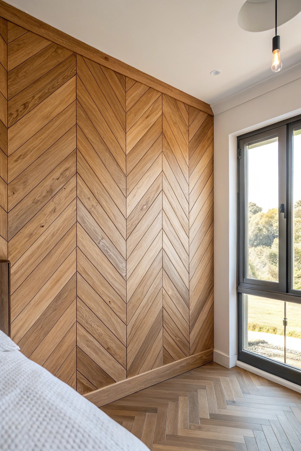 Elevate your bedroom with the timeless beauty of herringbone wood paneling.