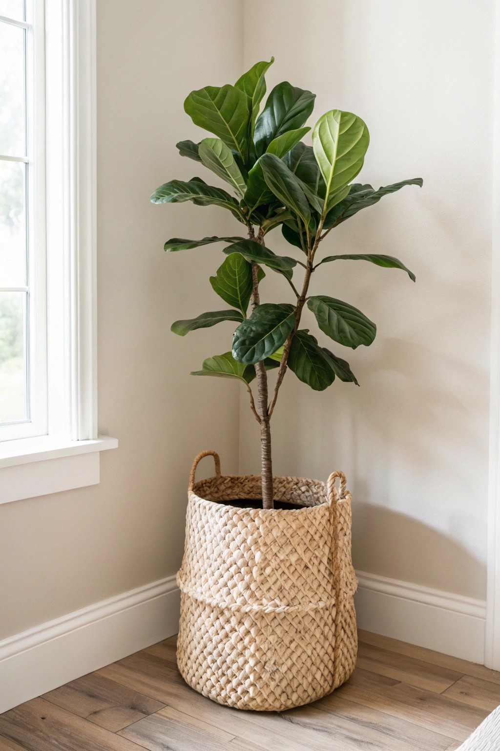 Bring boho charm home with a statement fiddle-leaf fig in a handcrafted basket planter.