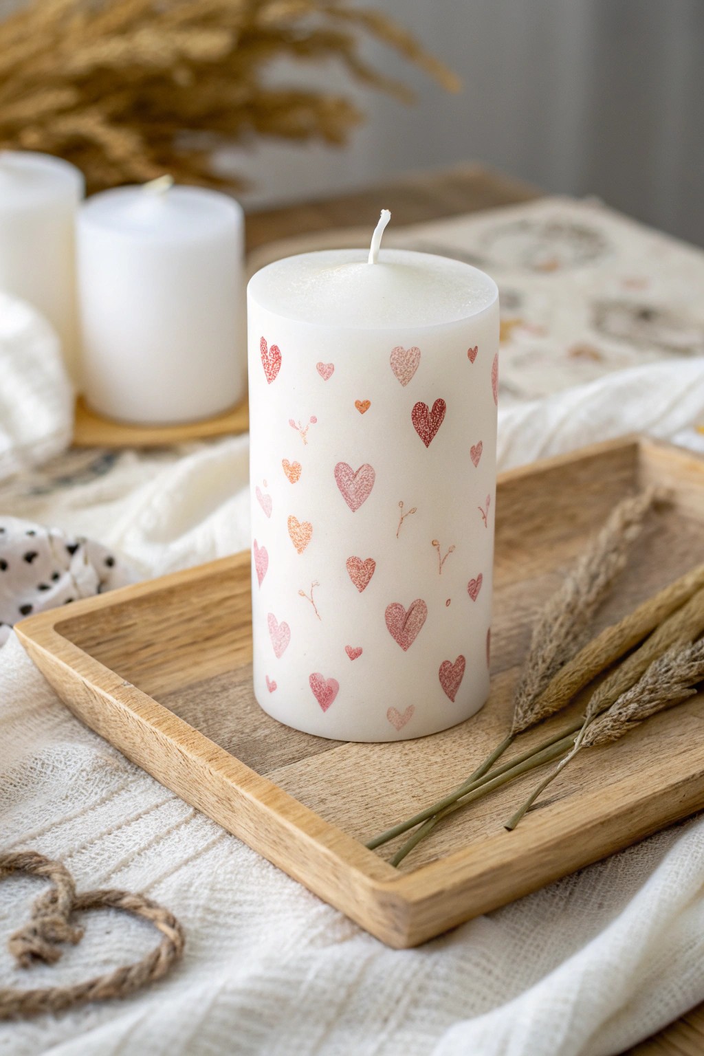 Hand-painted heart motifs turn a simple candle into a romantic Scandinavian masterpiece.