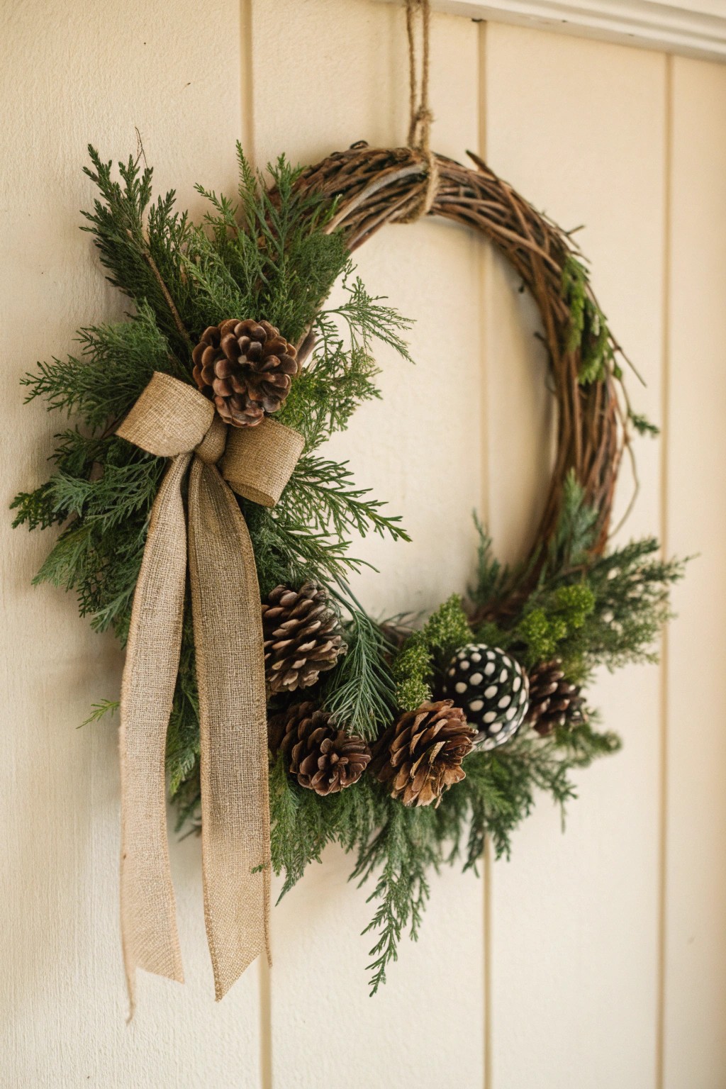 Embrace rustic charm with a handcrafted pinecone & burlap Christmas wreath.