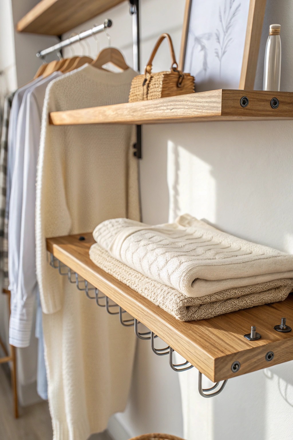 Elevate your closet with the timeless beauty and flexibility of adjustable wooden shelving.