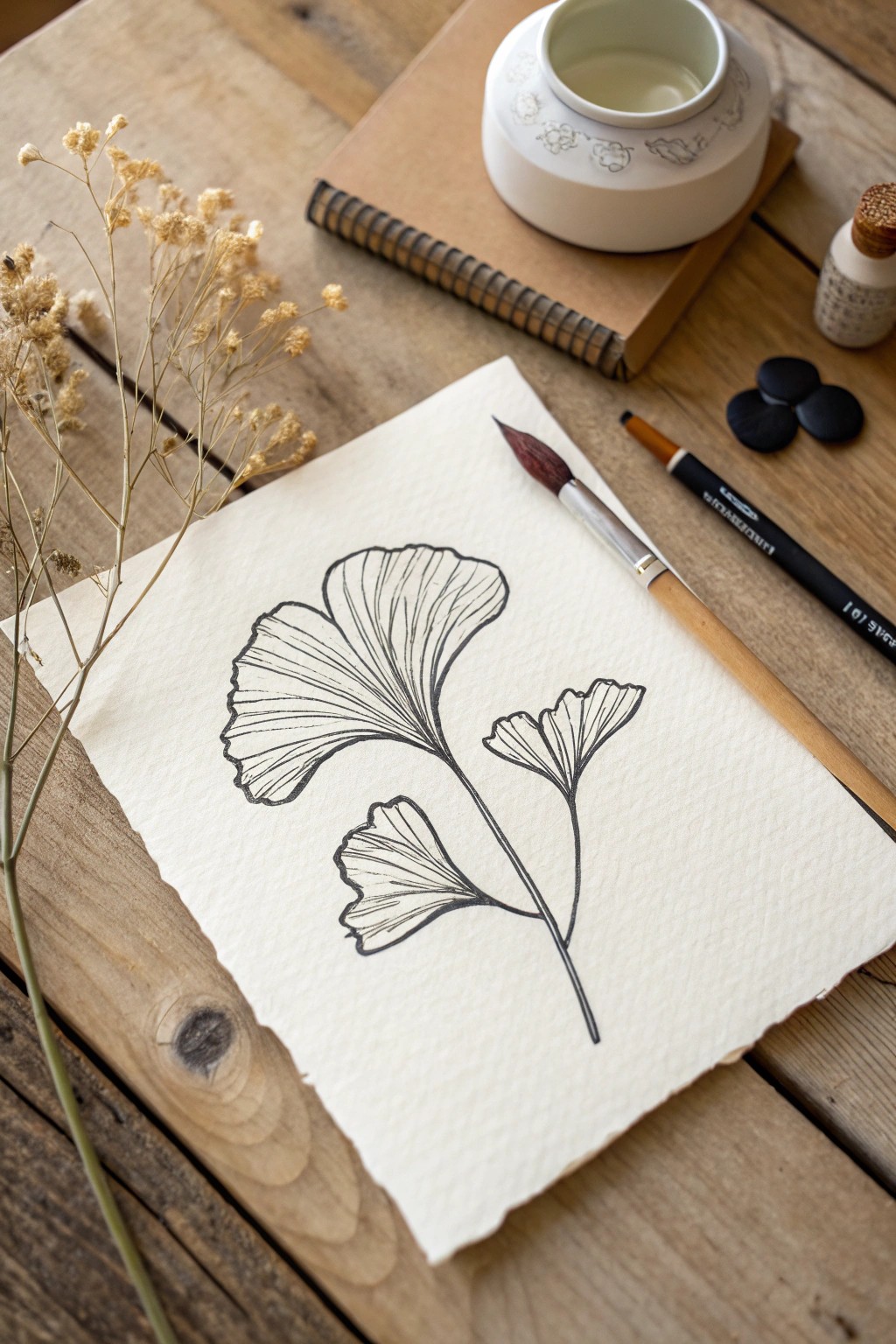 Minimalist botanical line art—elevate your space with the graceful simplicity of a single gingko leaf.